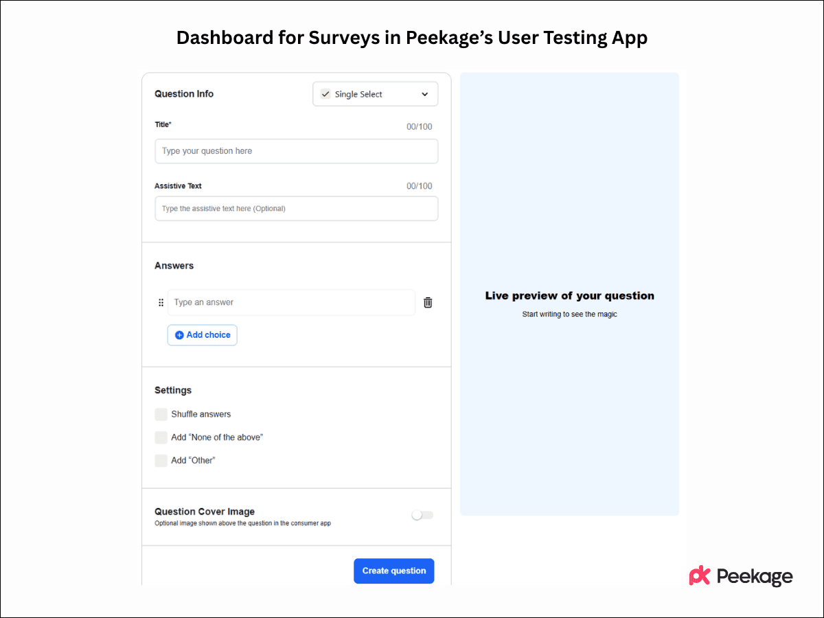 Dashboard for Surveys in Peekage's User Testing App