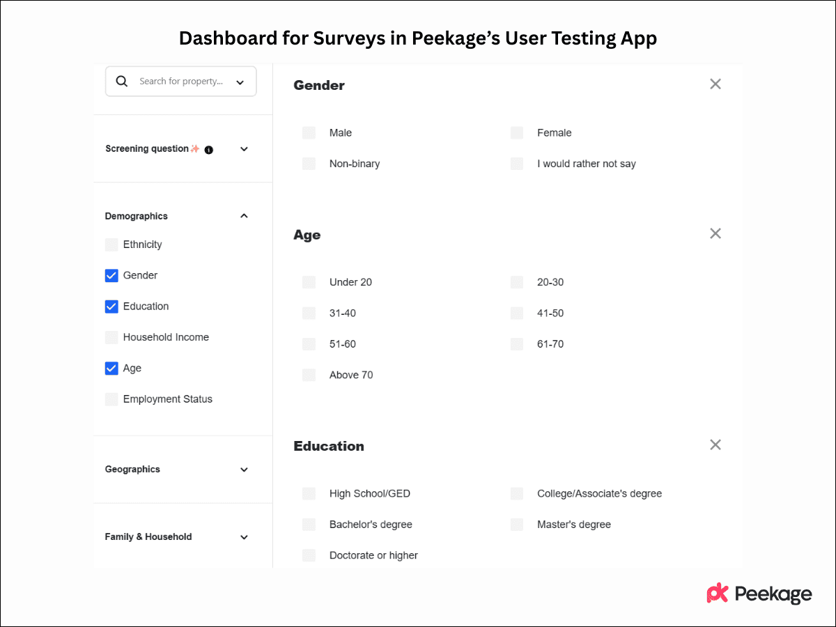 Dashboard for Surveys in Peekage's User Testing App